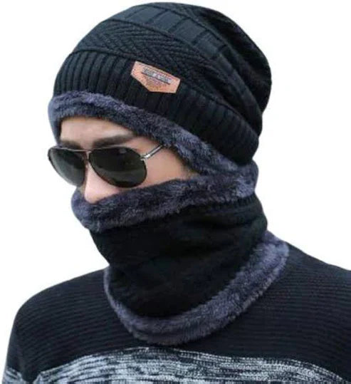 Winter Woolen Beanie Cap & Neck Warmer Combo โ Stylish Head & Neck Protection for Men & Women (Random Color) โ Free Delivery!