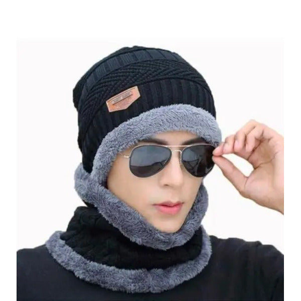 Winter Woolen Beanie Cap & Neck Warmer Combo โ Stylish Head & Neck Protection for Men & Women (Random Color) โ Free Delivery!