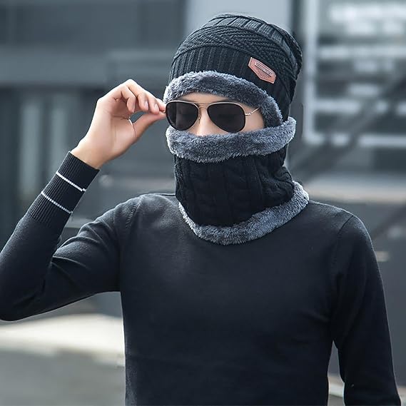 Winter Woolen Beanie Cap & Neck Warmer Combo โ Stylish Head & Neck Protection for Men & Women (Random Color) โ Free Delivery!
