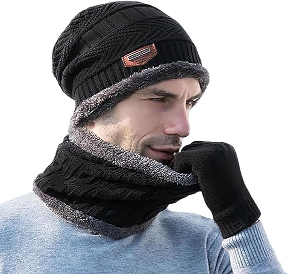 Winter Woolen Beanie Cap & Neck Warmer Combo โ Stylish Head & Neck Protection for Men & Women (Random Color) โ Free Delivery!