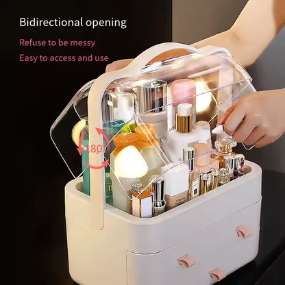 Acrylic Double Door Makeup & Cosmetic Organizer – Stylish, Dustproof & Spacious Storage Solution