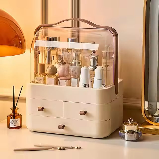 Acrylic Double Door Makeup & Cosmetic Organizer – Stylish, Dustproof & Spacious Storage Solution