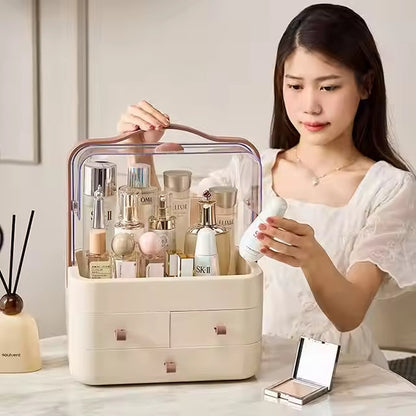 Acrylic Double Door Makeup & Cosmetic Organizer – Stylish, Dustproof & Spacious Storage Solution