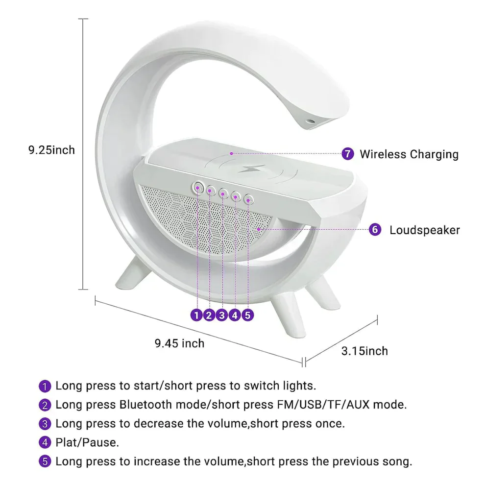 G-Type Wireless Rechargeable LED Table Lamp & Mobile Charger with Bluetooth Speaker - Multifunctional Colorful Lighting